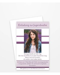 Einladung zur Jugendweihe mit Linien und Streifen in Lila