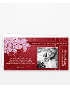 Einladung zur Jugendweihe mit in rot mit rosa Blüten
