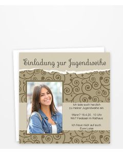 Einladung zur Jugendweihe mit Kringeln in Beige-braun