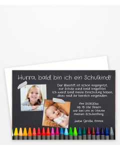 Einladungskarte Einschulung mit vielen bunten Wachsmalstiften