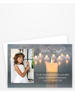 Dankeskarte & Danksagung zur Kommunion mit Kerzen und einem Foto