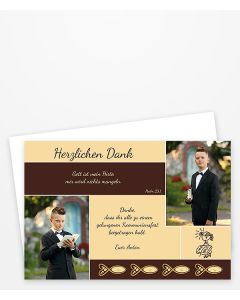 Dankeskarte und Danksagung zur Kommunion mit Fischen und Symbol - mit zwei Fotos und Text braun