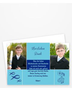 Dankeskarte und Danksagung Kommunion mit Fischen Symbol zwei Fotos und Text