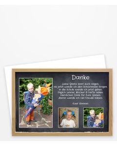 Dankeskarte Schulanfang im Tafel-Design mit drei Bildern