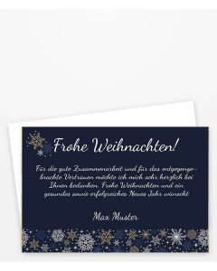 Weihnachtskarte in Dunkelblau mit Schneesternen in hellblau, gold, silber und weiß