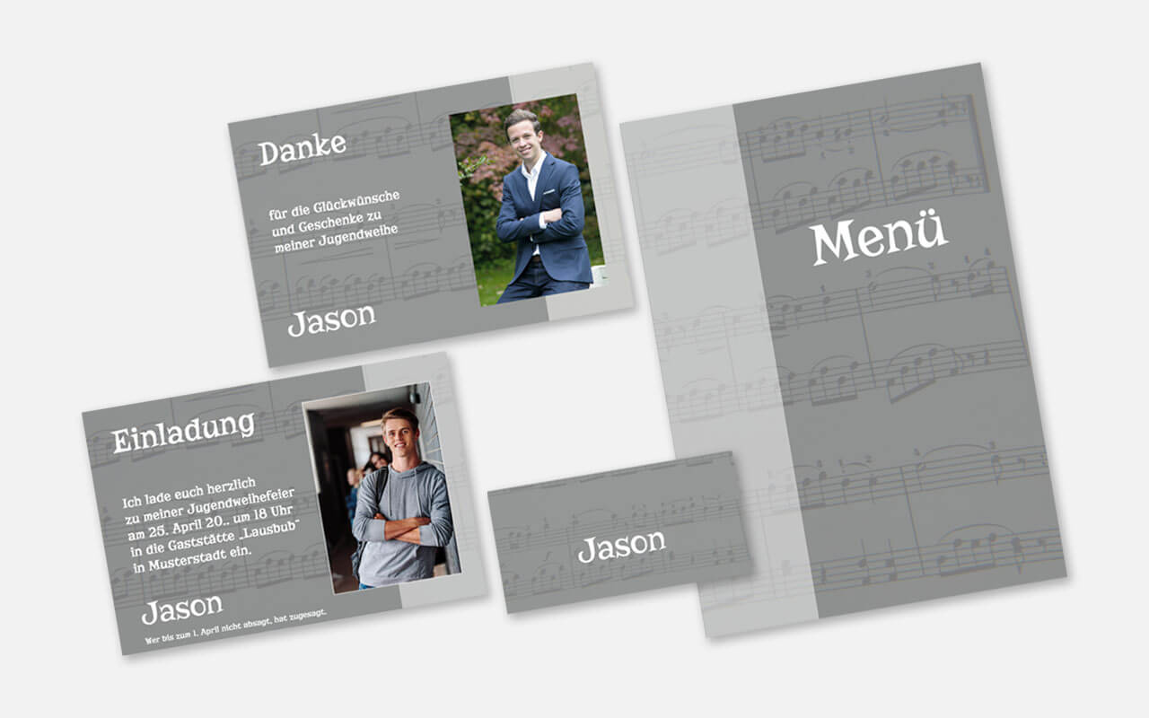 Einladungen zur Jugendwihe mit passenden Tischkarten, Menükarten, Dankeskarten